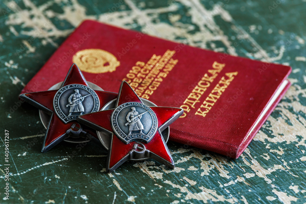 Naklejka premium Awards of the Second world war close-up. Soviet military awards
