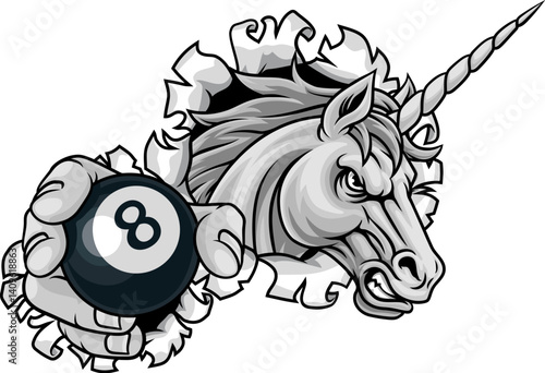 Unicorn horse stallion angry pool billiards sports team mascot holding a ball.