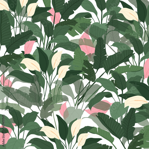 Tropical pattern, background with green leaves and delicate cream and pink flowers. Perfect for fabric prints, wallpaper, packaging and summer designs. Vector illustration
