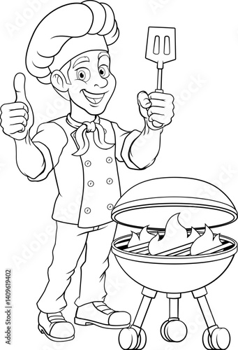 A chef cartoon barbecue cook out brazier cook man giving thumbs up and holding a BBQ spatula mascot character illustration