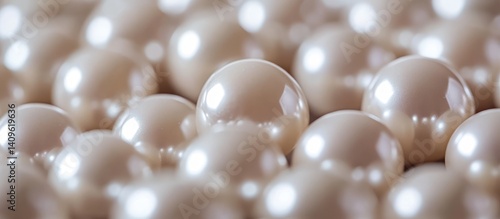 Gleaming pearls closeup, background blur, jewelry texture
