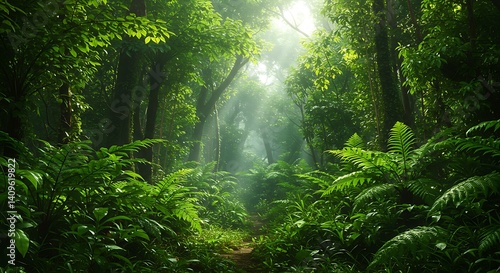 Luminous Jungle Path: Serene Green Canopy and Sunlit Trail