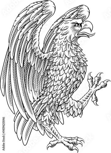Eagle hawk or falcon heraldry coat of arms or family crest medieval shield style heraldic animal. In a vintage woodcut style.