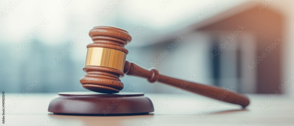 Wooden gavel on wooden block in courtroom setting with soft focus background and natural light highlighting legal themes Wooden gavel on wooden block in courtroom setting with soft focus background and natural light highlighting legal themes