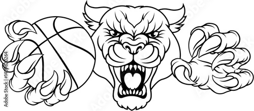 A panther, leopard or cougar wildcat jaguar cat basketball sports team mascot holding a ball