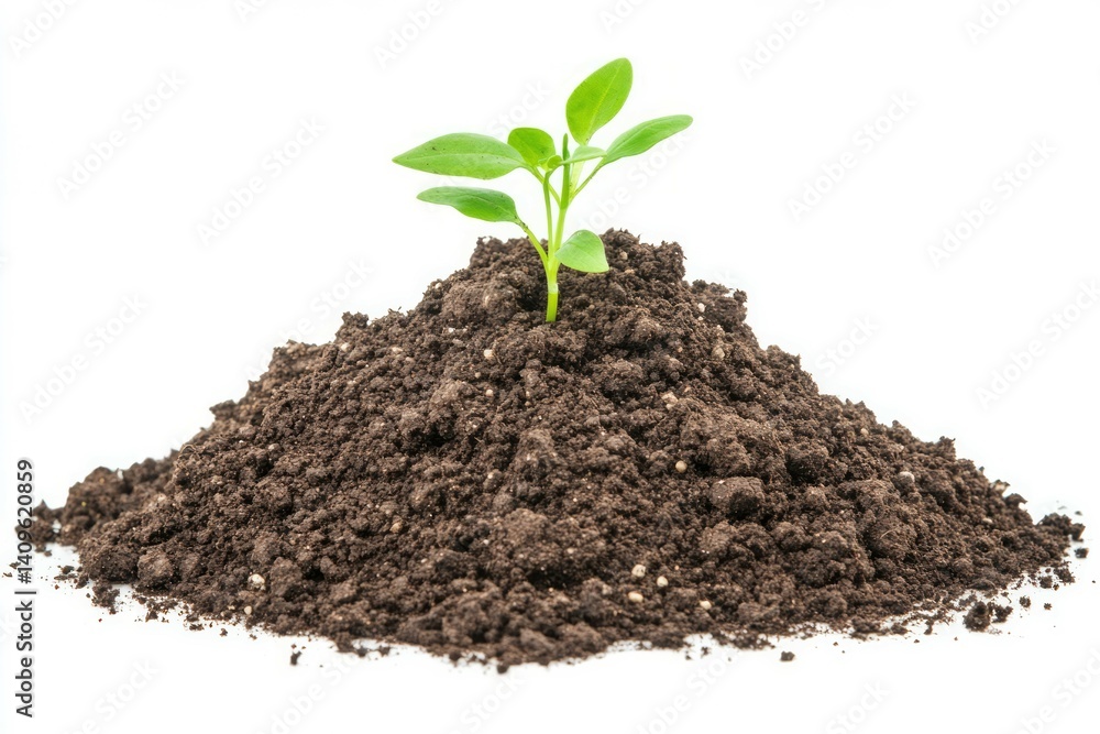 Green seedling on soil mound against white background. Artificial Intelligence image Green seedling on soil mound against white background. Artificial Intelligence image
