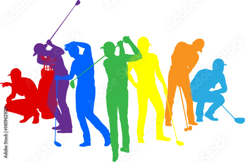 Silhouette golf player set. Active golfers golfing sports people healthy players fitness silhouettes concept.