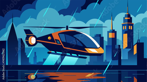 With their sleek designs and advanced technology the electric air taxis effortlessly maneuvered through the slick and wet streets of the rainy metropolis.. Vector illustration