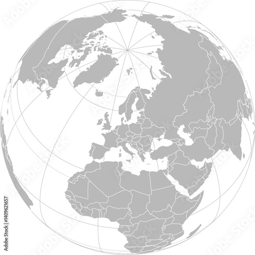 World vector map with country boundaries and graticules (Europe-centered view, orthographic projection, PPT-compatible & fully editable)