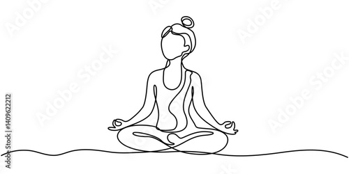 Woman sitting  yoga Continuous one line drawing Vector illustration, Young woman girl athlete goes in for sports yoga fitness. One continuous drawing line, one line drawing of woman doing kegel.