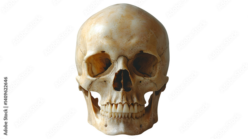Human skull front view isolated on white background, HD and realistic Human skull front view isolated on white background, HD and realistic