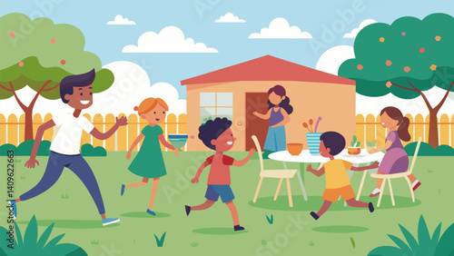Children run around the backyard filled with excitement for the upcoming meal as parents set up lawn chairs and tables to accommodate the large family gathering.. Vector illustration