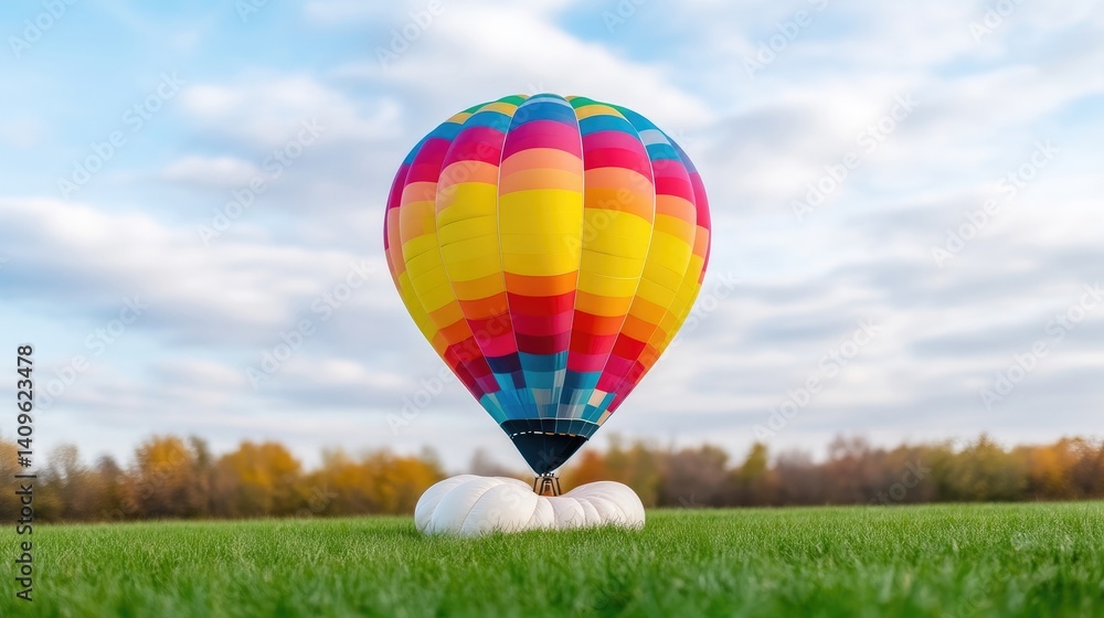 Obraz premium Colorful hot air balloon on a field. A vibrant hot air balloon, with a rainbow of colors, rests on a grassy field. Fluffy white clouds dot a light blue sky above