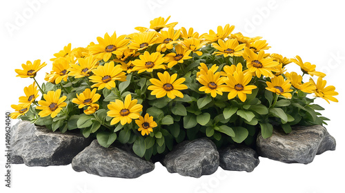 Large bush of blooming yellow daisies isolated on white background