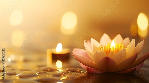 Obraz na płótnie A vibrant Vesak Day theme with a glowing lotus flower and serene candlelight on a soft golden background, macro shot, Minimalist style w salonie