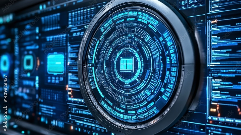 Obraz premium Abstract digital interface with glowing blue concentric circles and data streams.