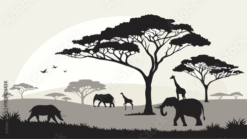 African Savanna Wildlife Animals Silhouette Landscape Scene at Sunrise/Sunset Elephants Giraffes Warthog & Birds Trees Vector Art
