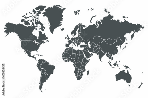 Grayscale Vector World Map Silhouette Image: Continents and Countries