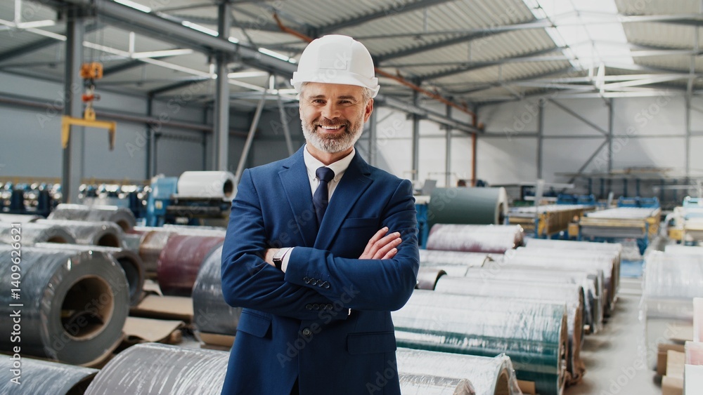 Male contractor standing in workshop. Man in suit and hardhat posing with crossed arms. Head of production posing at background of metal scrolls. Man in helmet managing work process. Male contractor standing in workshop. Man in suit and hardhat posing with crossed arms. Head of production posing at background of metal scrolls. Man in helmet managing work process.