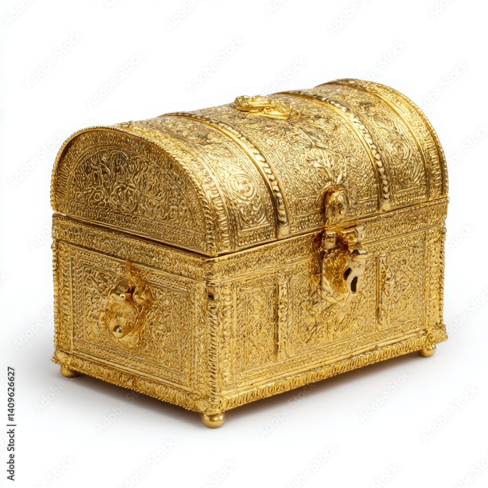 Ornate golden treasure chest with intricate carvings on a white backdrop Ornate golden treasure chest with intricate carvings on a white backdrop
