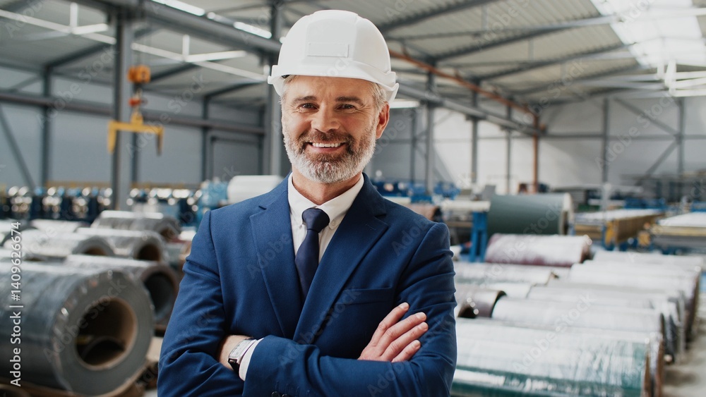 Male contractor standing in workshop. Man in suit and hardhat posing with crossed arms. Head of production posing at background of metal scrolls. Man in helmet managing work process.