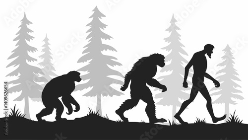 Evolution Stages Ape Bigfoot Human Silhouettes Black White Trees