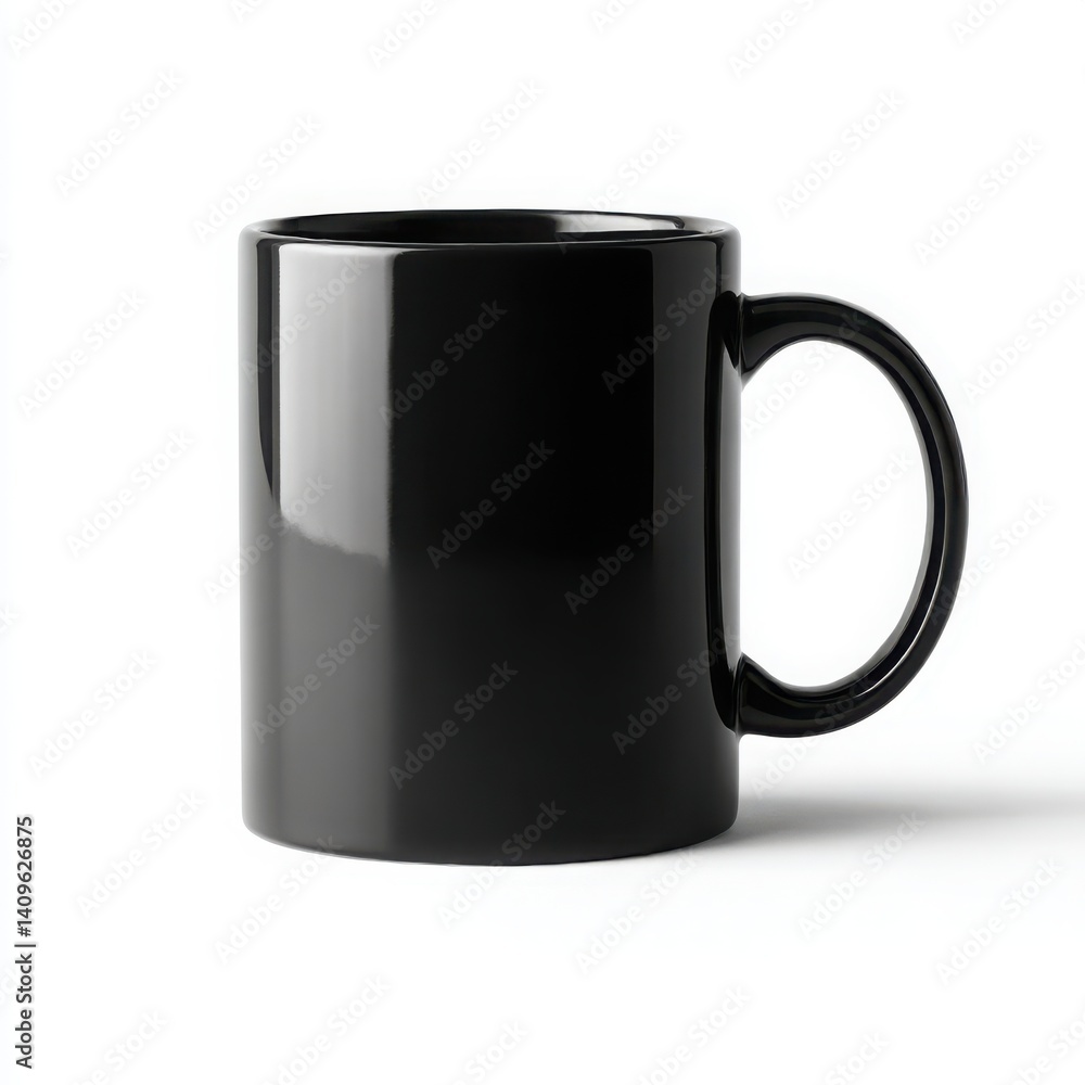 Isolated image showcasing a sleek, dark mug on a clean, white surface view Isolated image showcasing a sleek, dark mug on a clean, white surface view