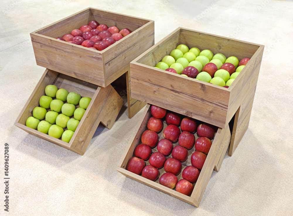 Red and Green Apples in Wooden Crates Fruits Display Case