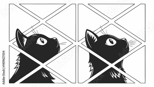 Curious Black Cats Looking Up Diamond Window Panes Black and White Graphic Art