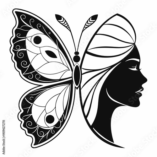 Butterfly Woman Silhouette Black and White Illustration Art