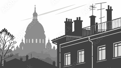 City Rooftops Black and White Illustration Urban Dome Architecture Vector