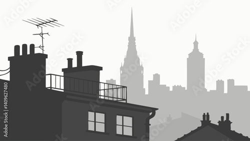 Grayscale City Skyline Silhouette Rooftops Chimneys Antenna Skyscrapers Urban View
