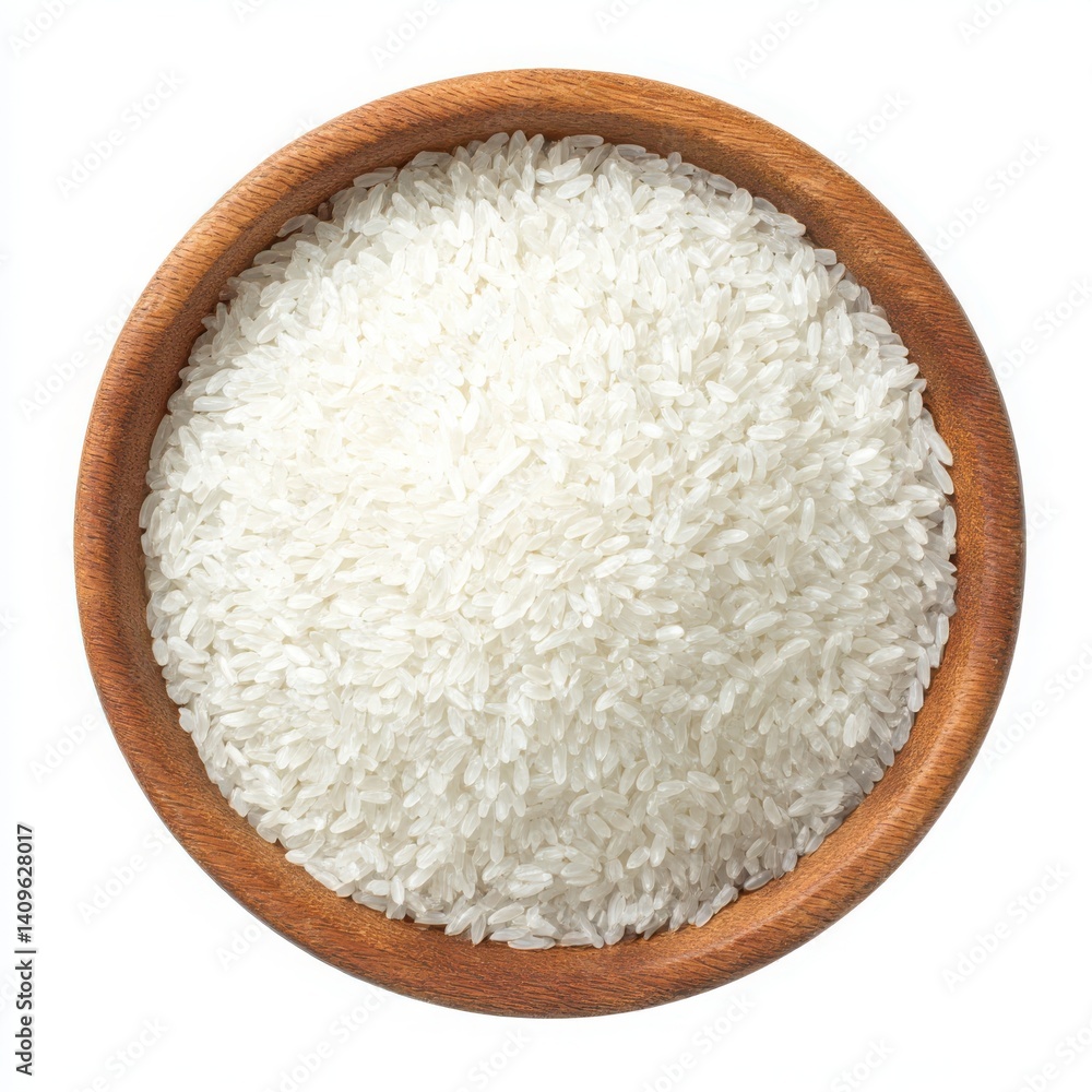 Close up view of white rice grains filling a wooden bowl on white surface Close up view of white rice grains filling a wooden bowl on white surface