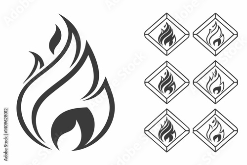 Black and White Fire Flame Vector Icon Set Flammable Hazard Warning Graphic