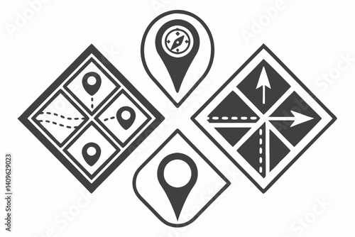 Navigation Map Icons Location Pins Compass Route Direction Symbols Vector Graphics