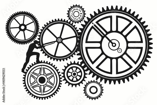 Complex Gears System Mechanism Man Pushing Vector Black White Art