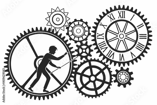 Mechanical Clockwork Gears System with Working Man Vector Illustration