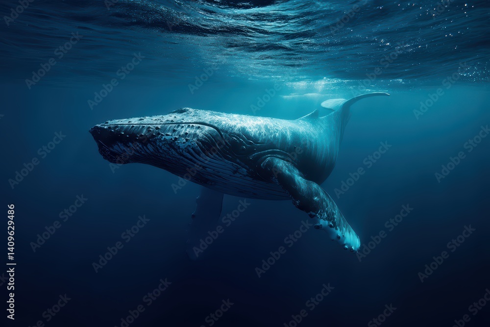 Fototapeta premium Majestic Whale Swimming in Deep Ocean with Sunlight Rays Breaking Through Water Surface