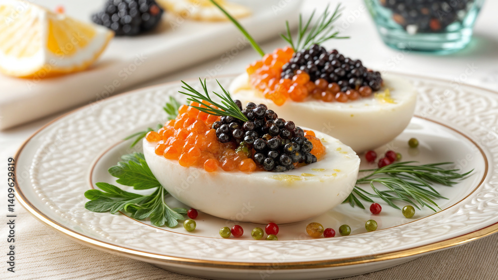 The image shows a white plate with two deviled eggs topped with black caviar, surrounded by lemon slices, parsley, and peppercorns. The background includes a fork and a lemon wedge. The image shows a white plate with two deviled eggs topped with black caviar, surrounded by lemon slices, parsley, and peppercorns. The background includes a fork and a lemon wedge.
