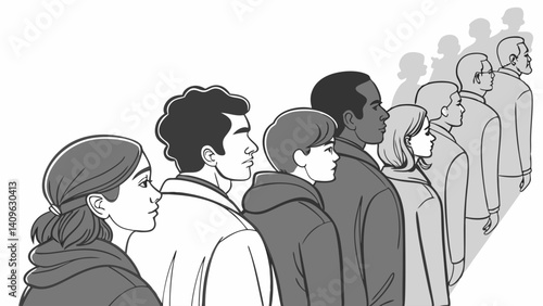 Diverse Group Standing Line Profile Black and White Grayscale Illustration
