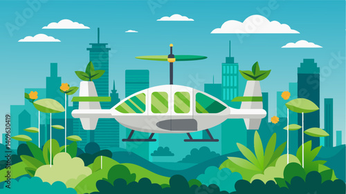 Over a city filled with green roofs and vertical gardens the ecofriendly air taxi showcases its contribution to improving air quality.. Vector illustration