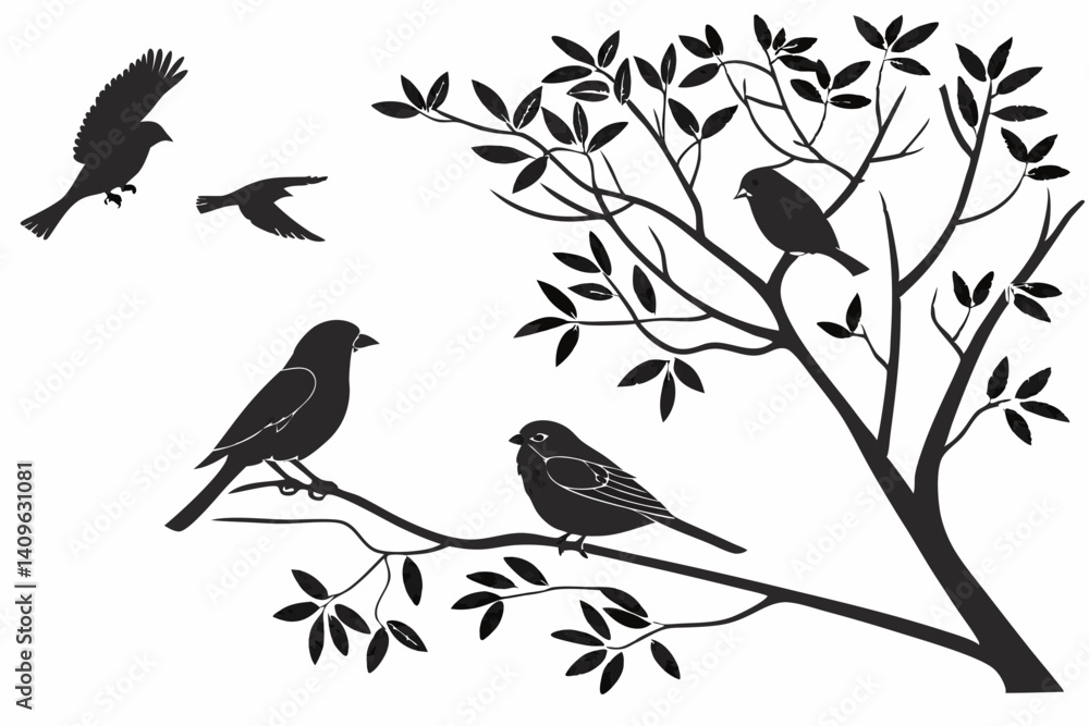 Bird Silhouettes on Tree Branch Vector Illustration Art Bird Silhouettes on Tree Branch Vector Illustration Art