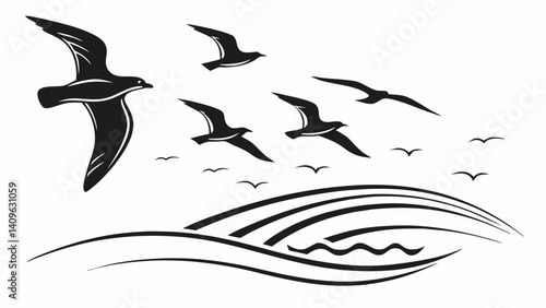 Black and White Vector Seagull Birds in Flight Over Ocean Waves