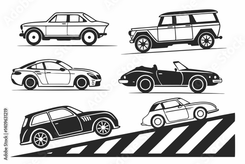 Car Illustrations Vector Black and White Different Car Models Collection