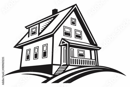 Black and White Two Story House Vector Illustration Porch Lawn Hill