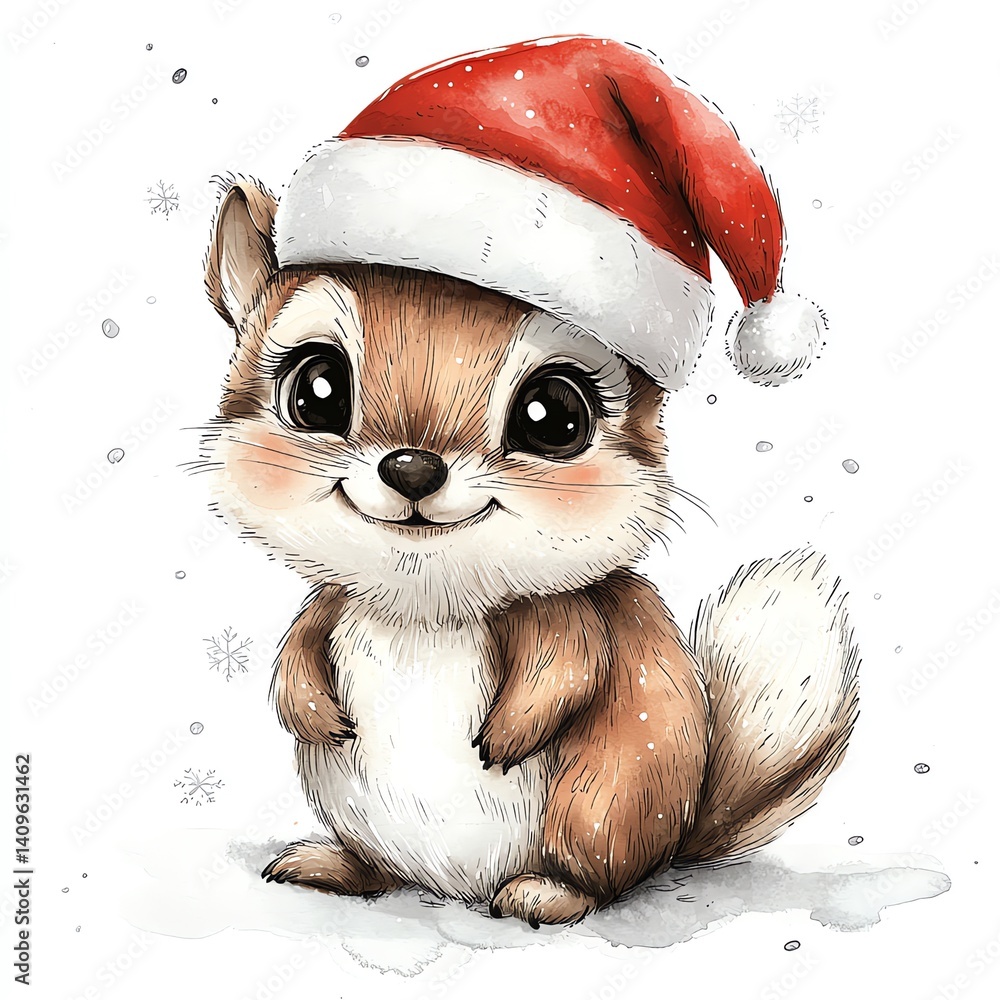 Adorable Chipmunk in Santa Hat, winter wonderland scene. Fluffy tail, big eyes, joyful expression. Christmas spirit. Adorable Chipmunk in Santa Hat, winter wonderland scene. Fluffy tail, big eyes, joyful expression. Christmas spirit.