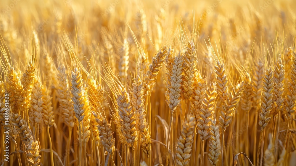 Fototapeta premium Golden wheat field bathed in warm sunlight at sunset presenting a stunning view of ripe wheat stalks ready for harvest showing abundant crops.