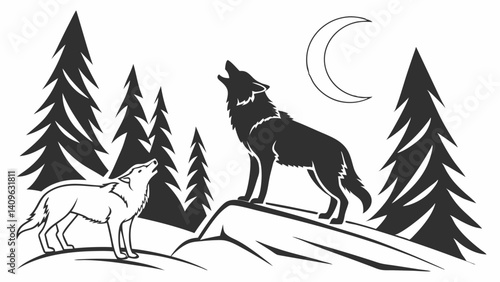 Wolves Howling at Moon Forest Silhouette Vector Illustration