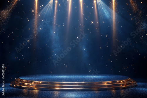 Golden stage under sparkling blue lights a magical awards ceremony