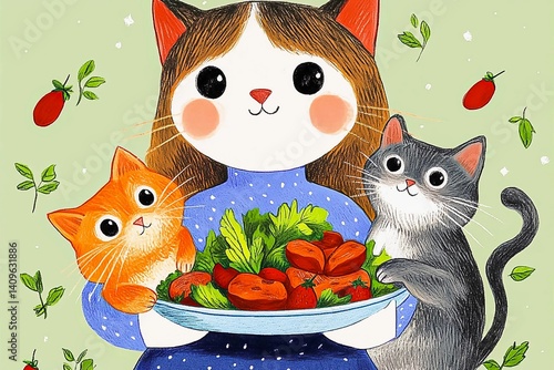 A cat holds a plate of vegetables in a cozy home setting